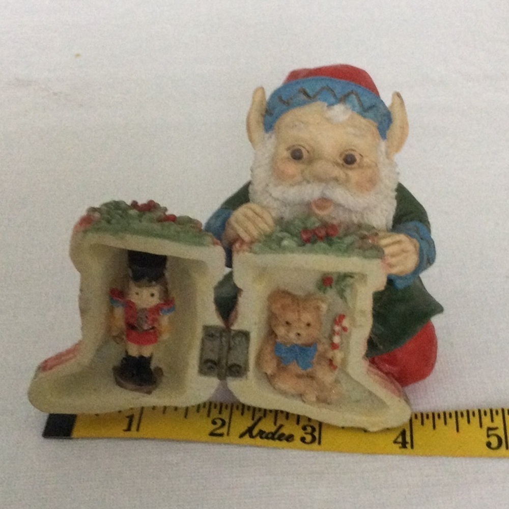Holiday Santa Elf with Hinged Stocking Poly Stone Sculpture Soldier & Teddy